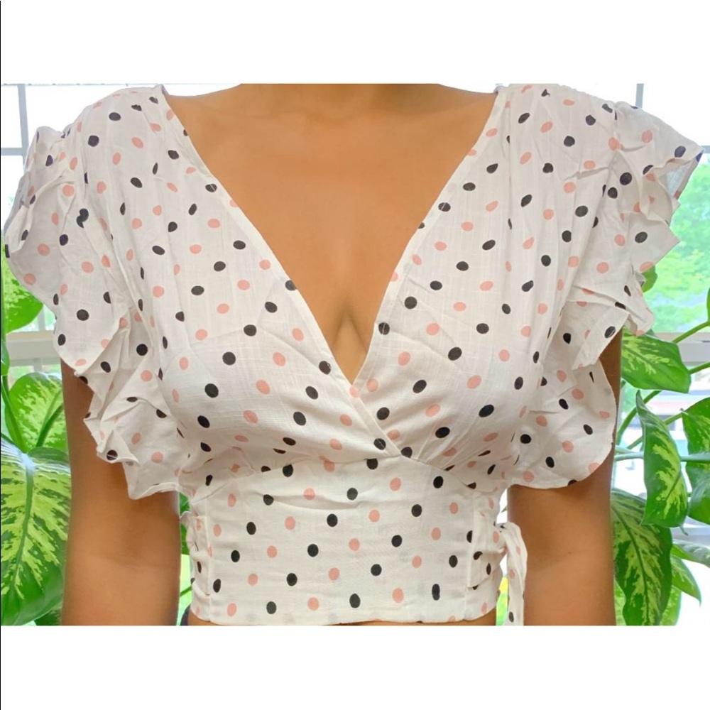 Hyfve Crop Top,Flutter Sleeves,Mauve-Blk Polka Dot - Picture 1 of 8